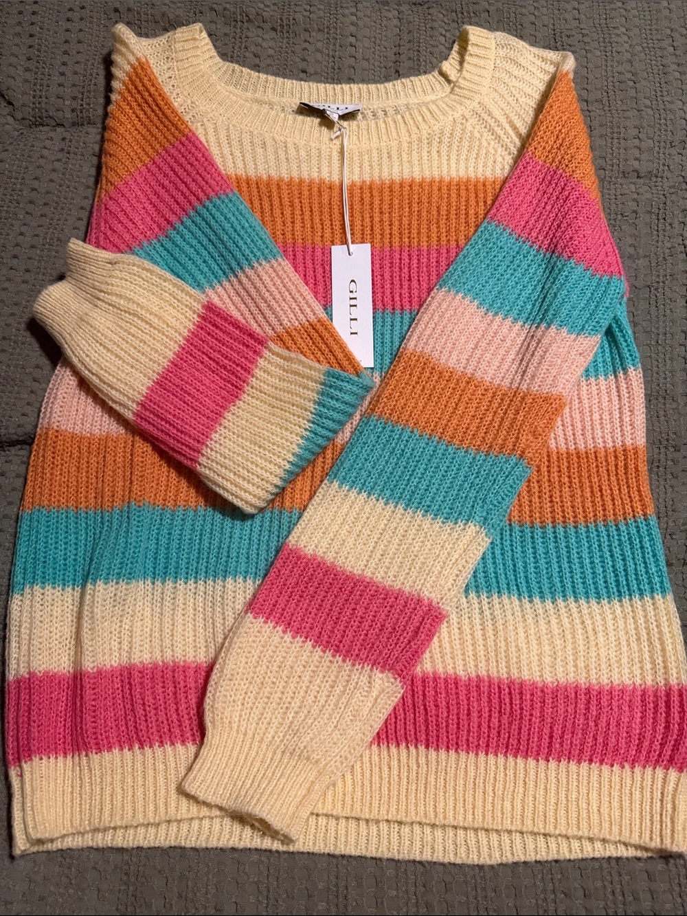 Gilli Cream Crewneck Sweater with Pink, Turquoise & Orange Stripes